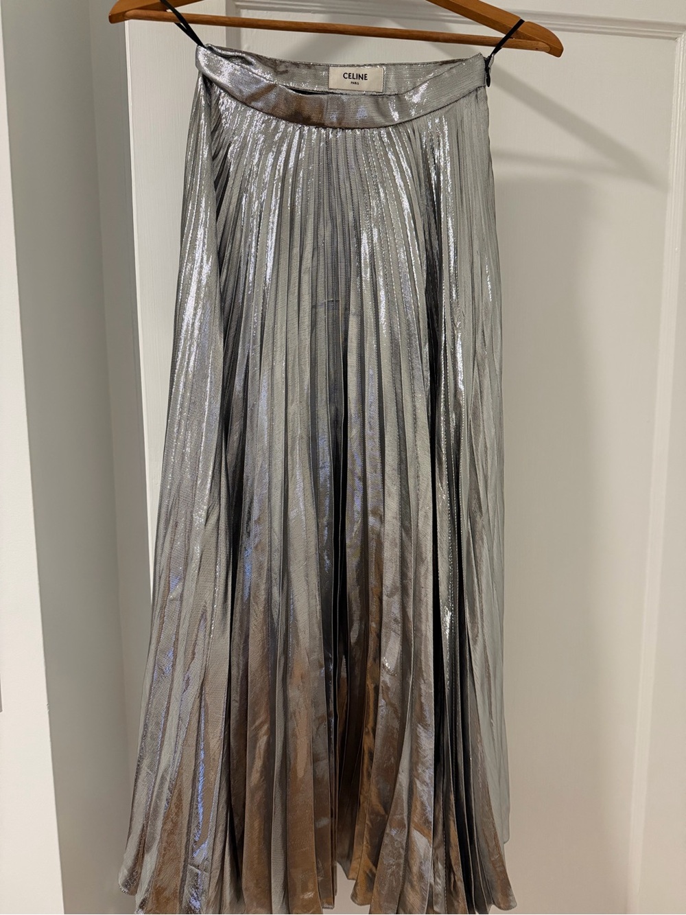 Celine Silver Metallic Pleated A-Line Skirt